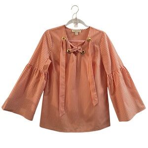 MICHAEL KORS TOP, Womenโs Sz S, Orange & White Striped Bell Sleeve Tunic w/ Tie.